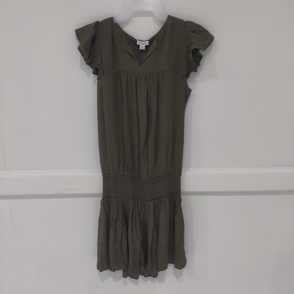 Brand New Splendid Women's Olive Flutter Sleeve Smocked Waist Mini Dress - Picture 1 of 2